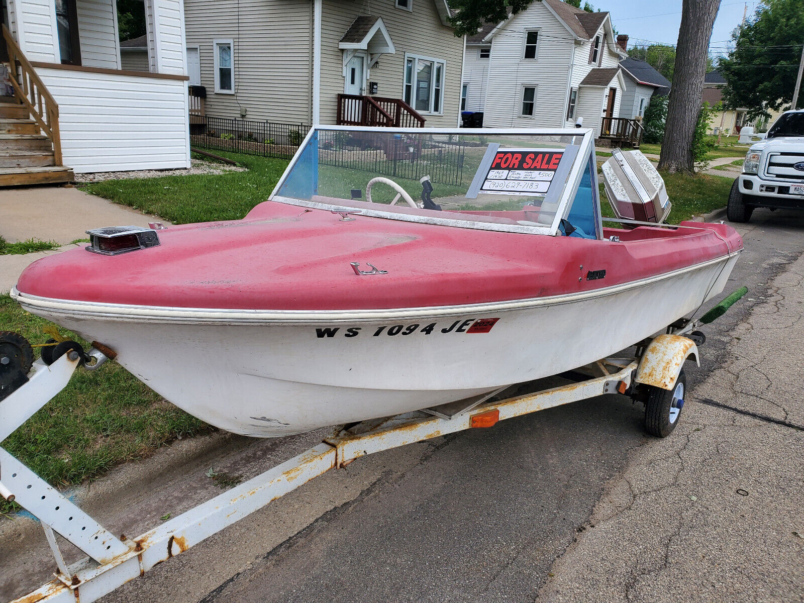 14-ft; Fiberglass Fishing Boat With Trailer + Non-running 35HP Chrysler ...